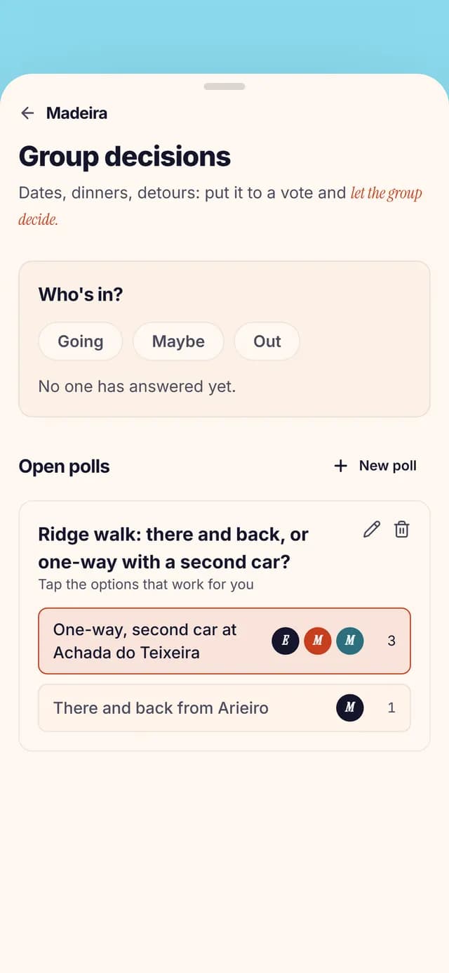 TripSake poll asking whether to walk the ridge return or arrange a second car at the far end