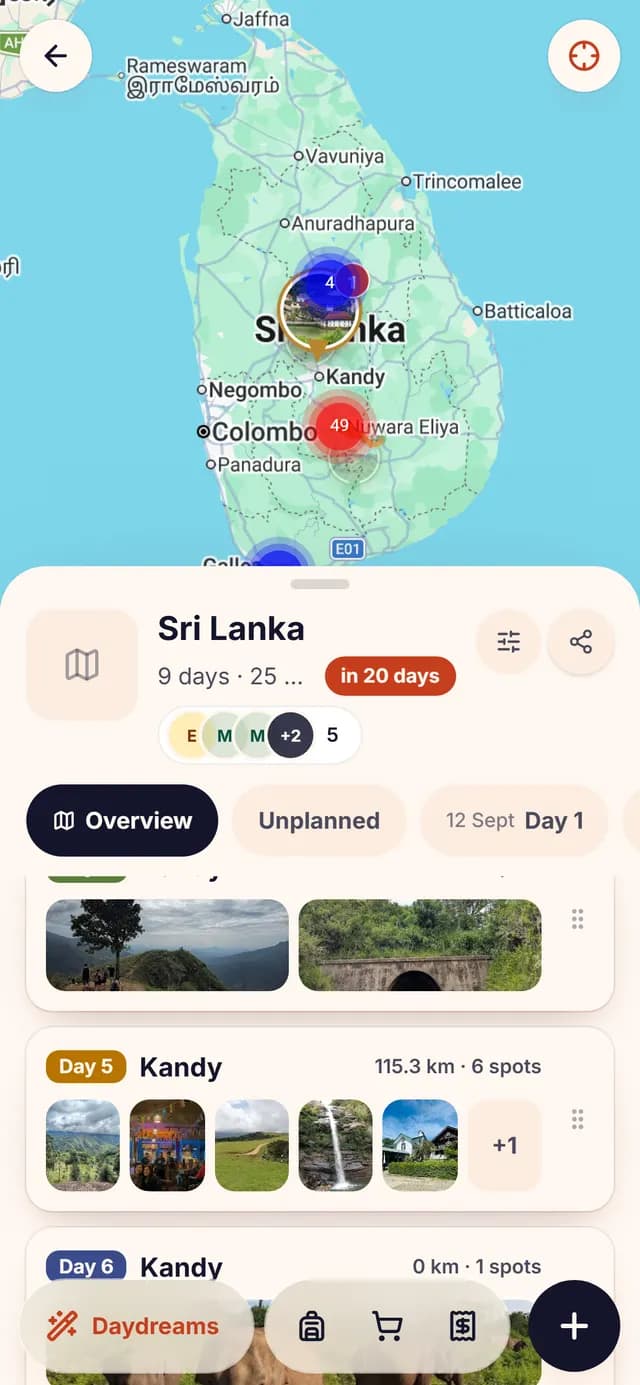 The TripSake trip map for Sri Lanka with saved spots from Sigiriya down to the south coast