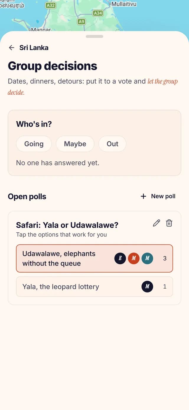 TripSake poll asking whether to book a safari at Yala or Udawalawe