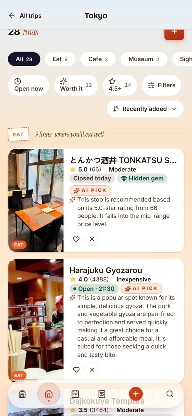 TripSake saved spots list for a Tokyo trip showing Senso-ji, teamLab Planets and Shibuya Sky with ratings and reality tags
