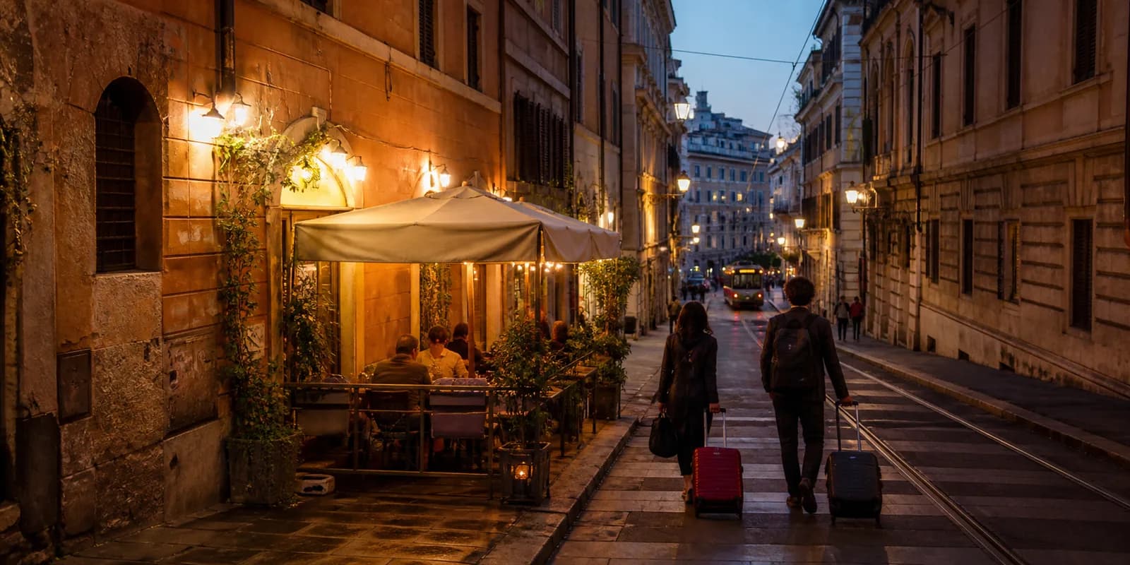 Roman side street near Monti at blue hour with a trattoria terrace